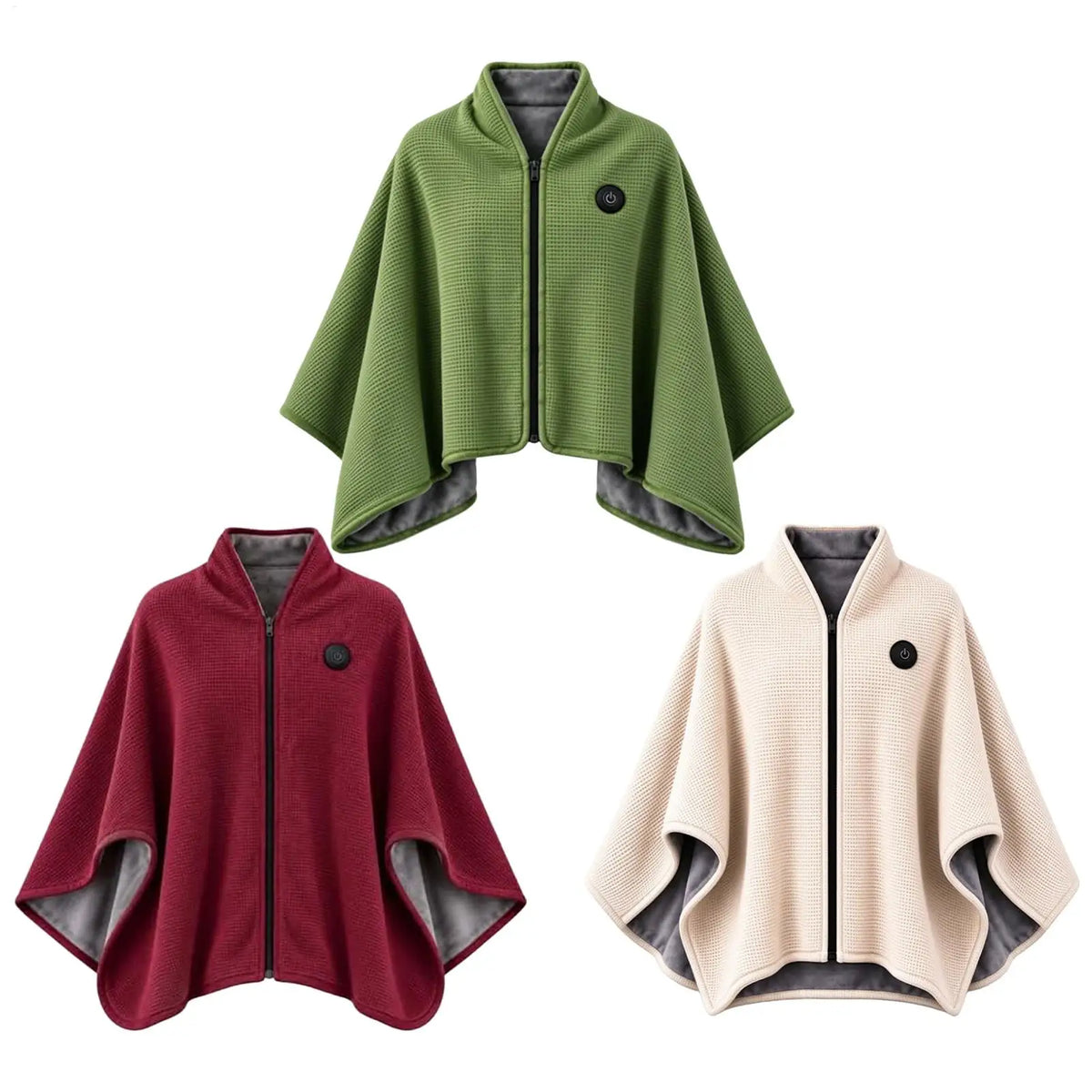 The heated wearable blanket in olive green, burgundy and khaki