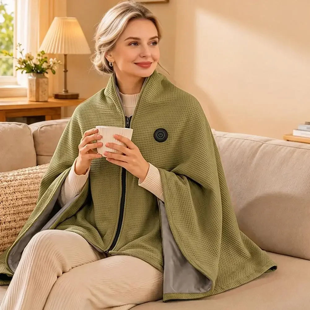 Olive green heated wearable blanket on the couch