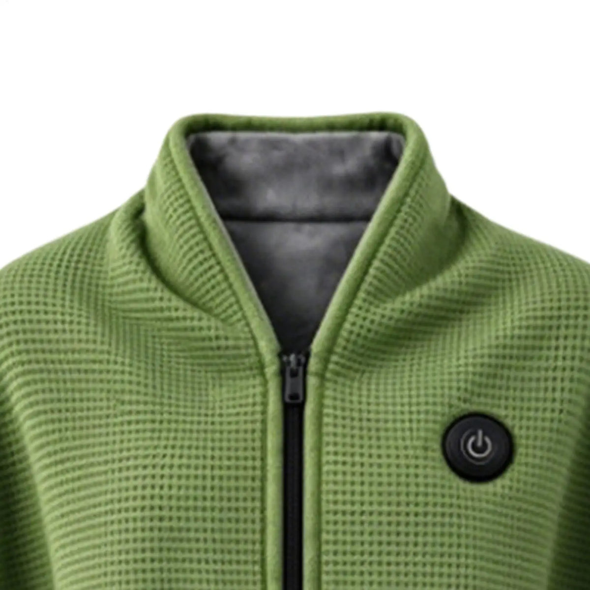 Close-up of the knit fabric, plush lining, zip and heat button