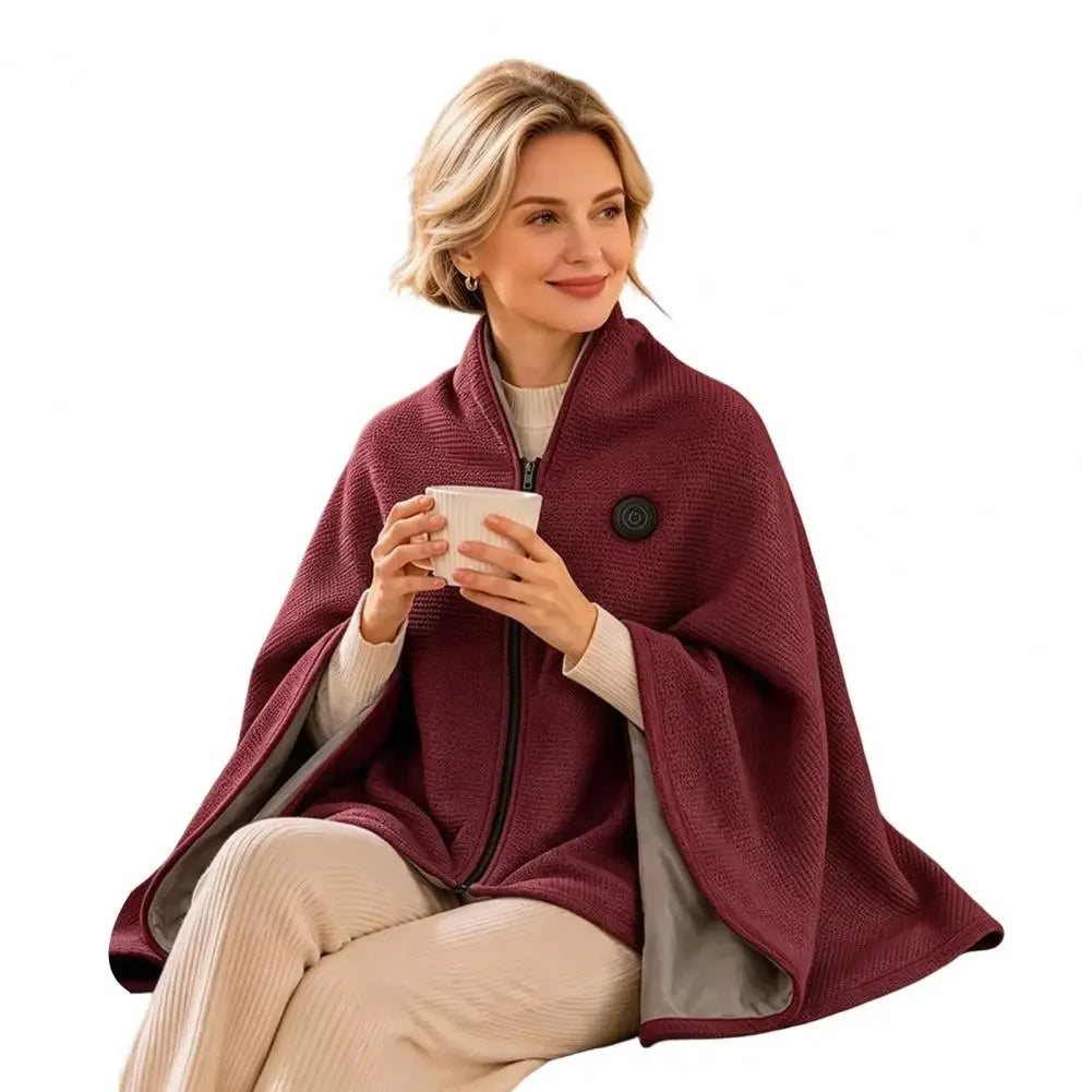 Woman wearing the heated wearable blanket in burgundy