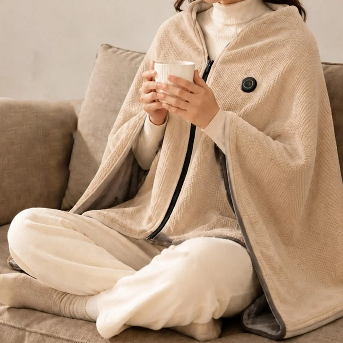 Relaxing on the couch in the heated wearable blanket