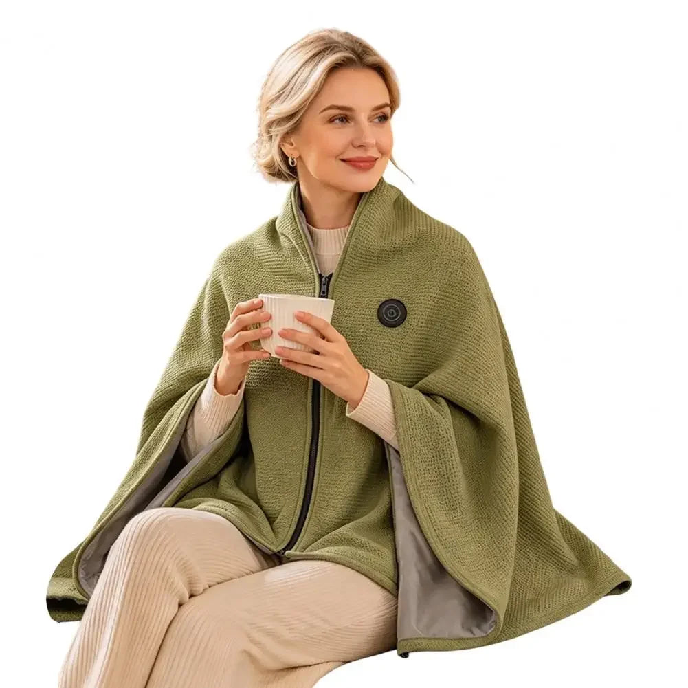 Woman wearing the heated wearable blanket in olive green