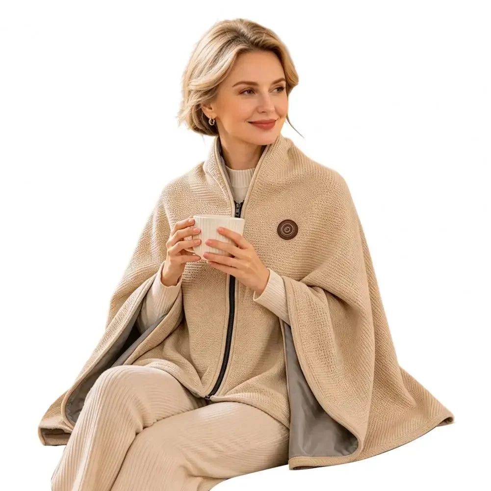 Woman wearing the heated wearable blanket in khaki