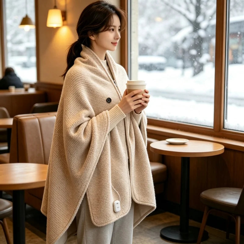 Wearing the heated blanket in a cafe on a snowy day
