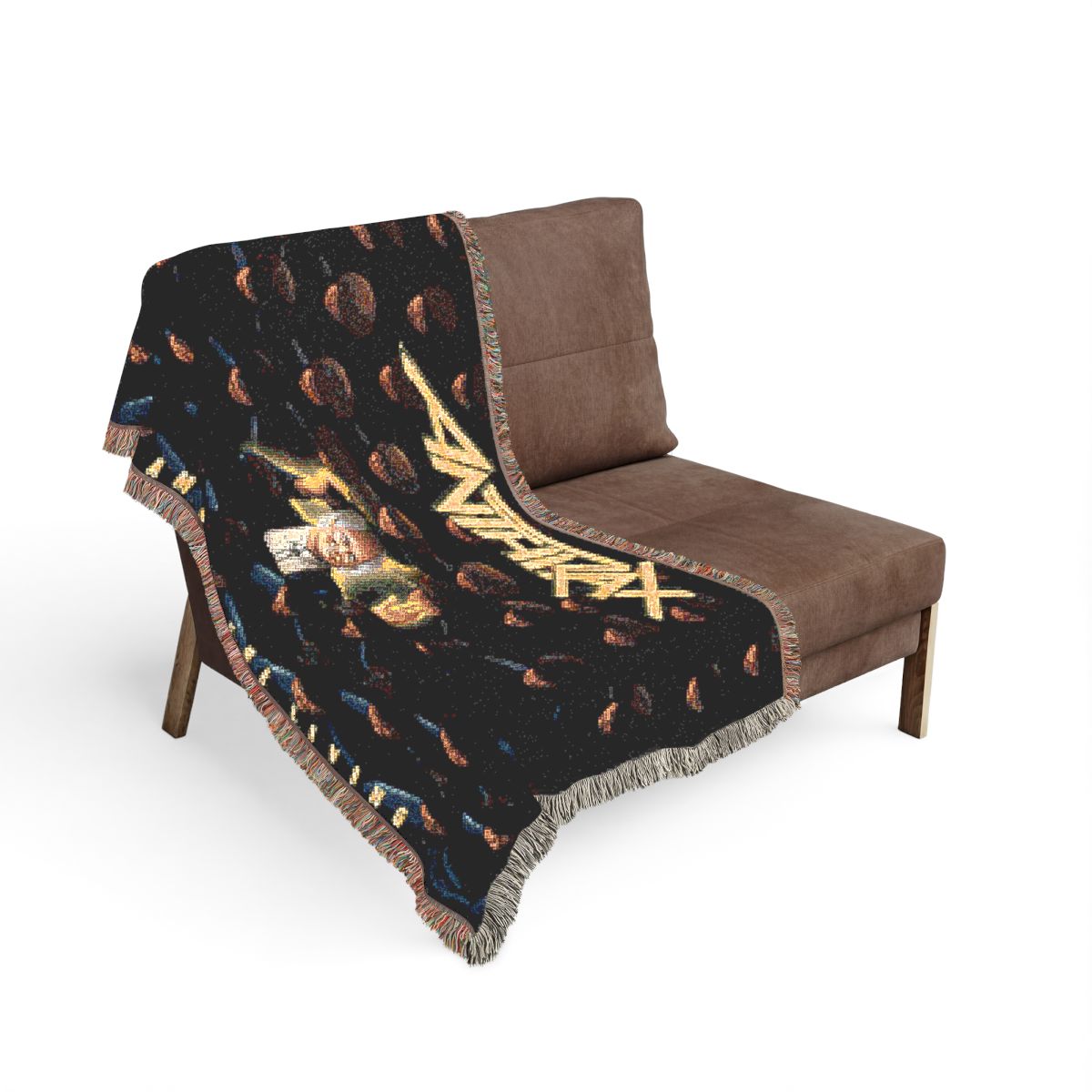 Among the Living woven blanket on the sofa