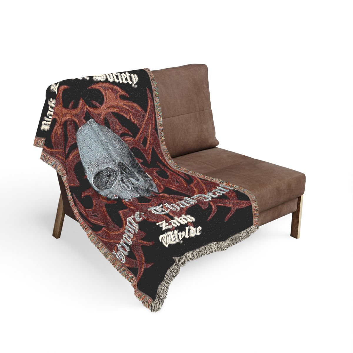 Stronger Than Death woven blanket on the sofa