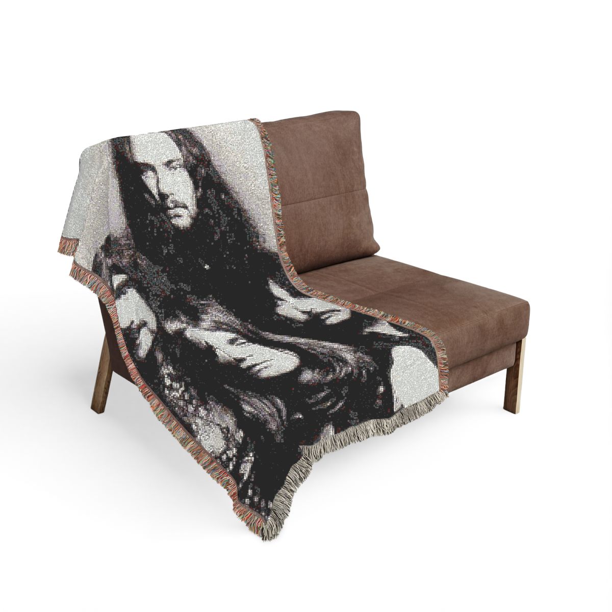 Black Sabbath original lineup woven blanket on a sofa