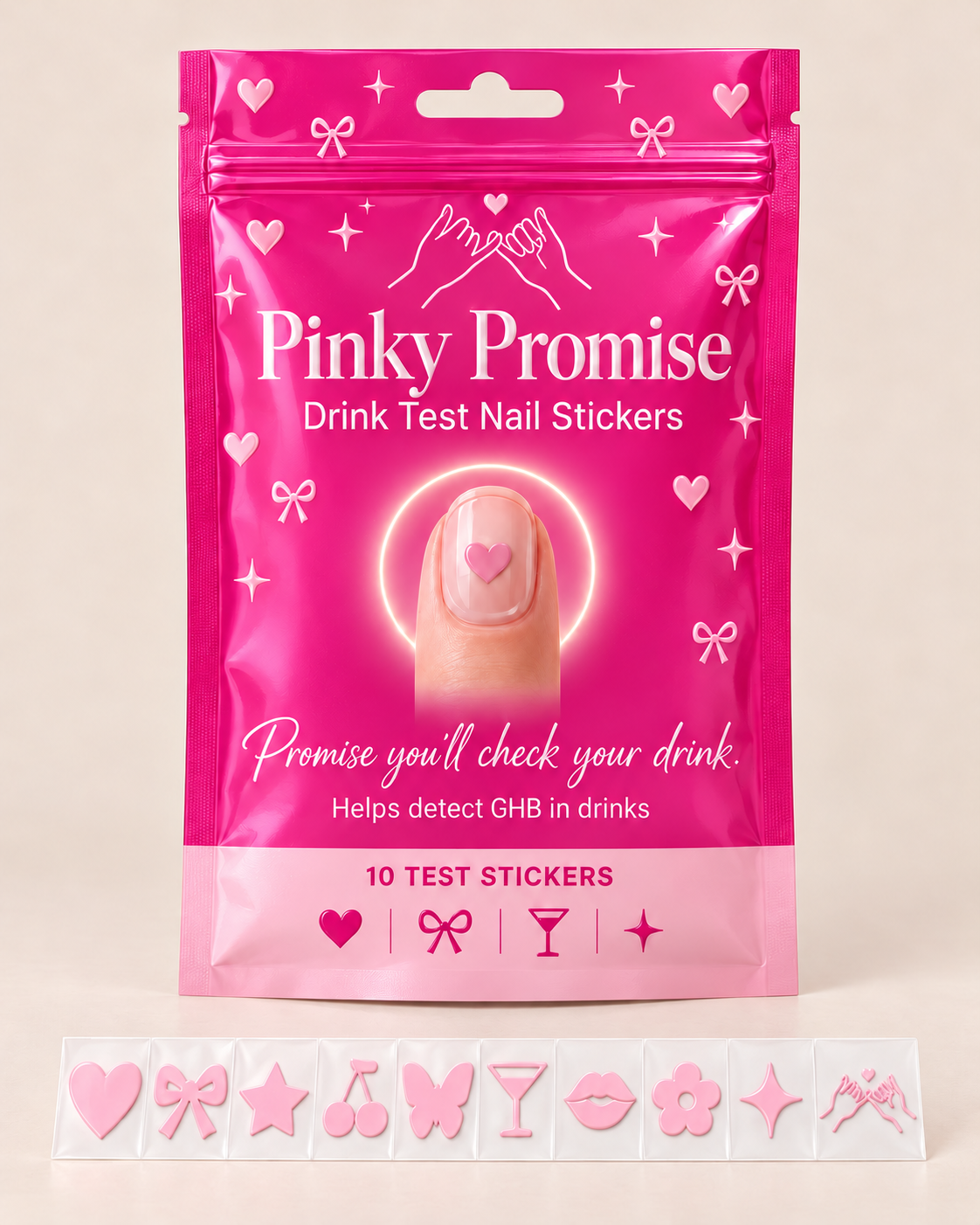 Pinky Promise drink test nail stickers, hot pink pouch with a sheet of 10 stickers