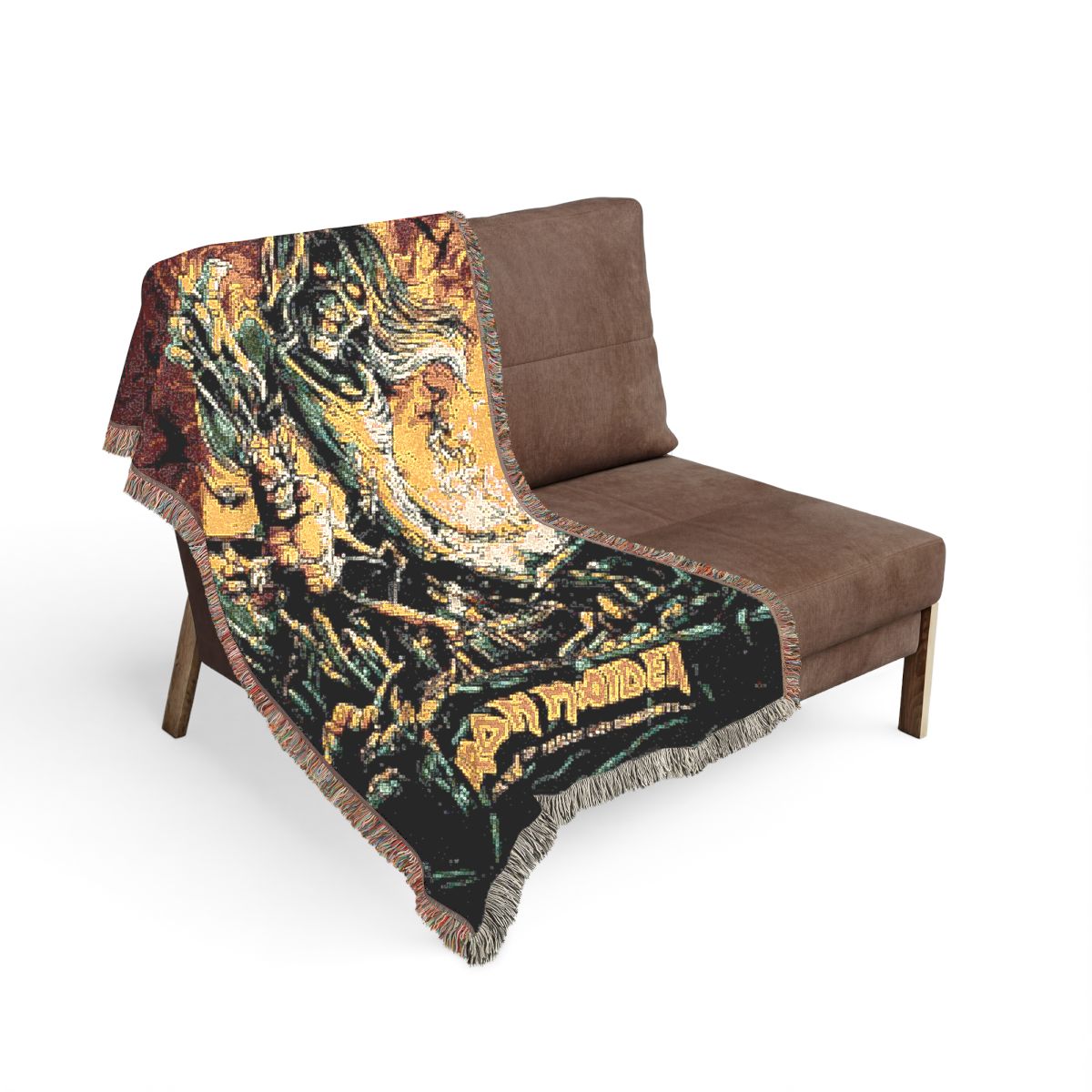 The Number of the Beast woven blanket on the sofa