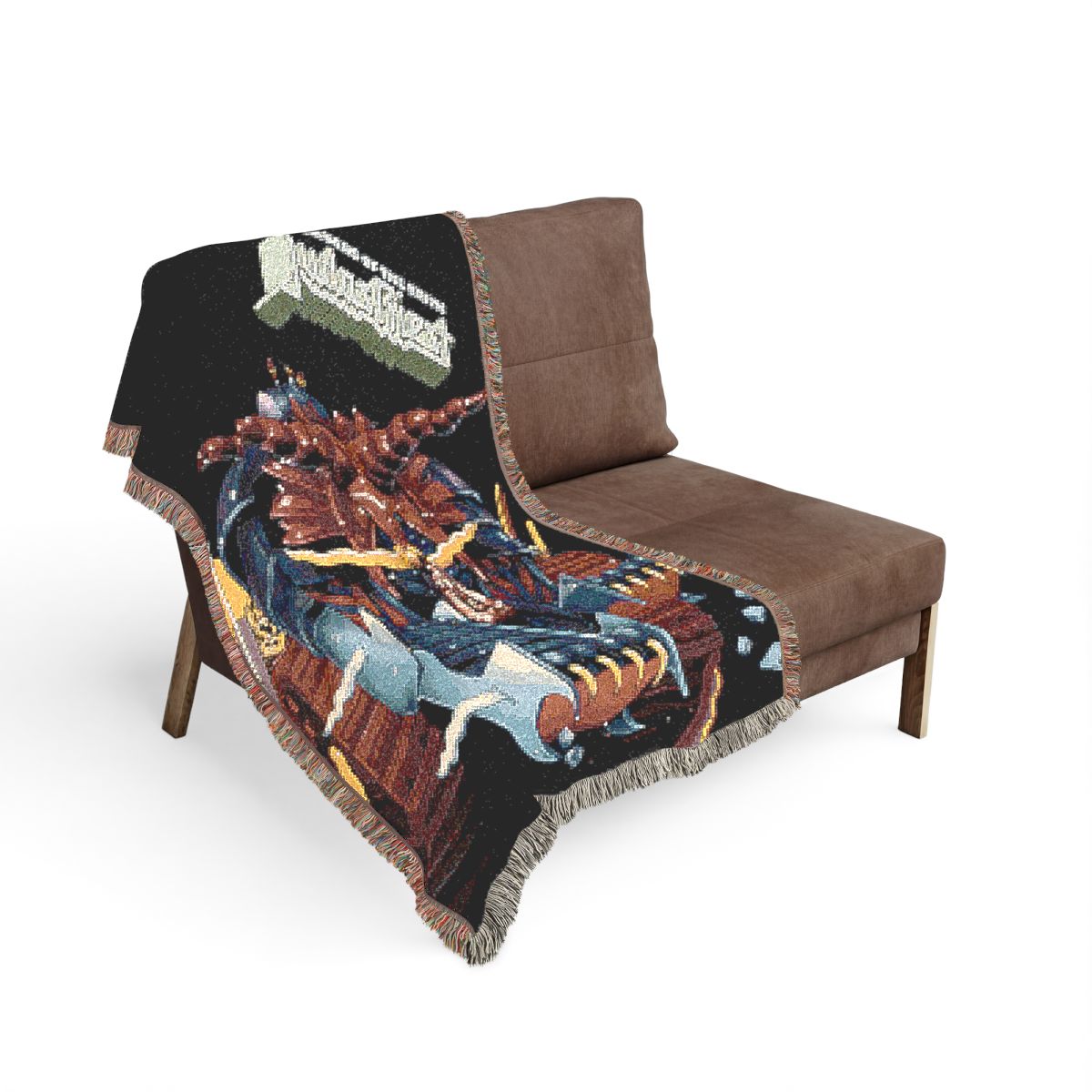 Defenders of the Faith woven blanket on the sofa