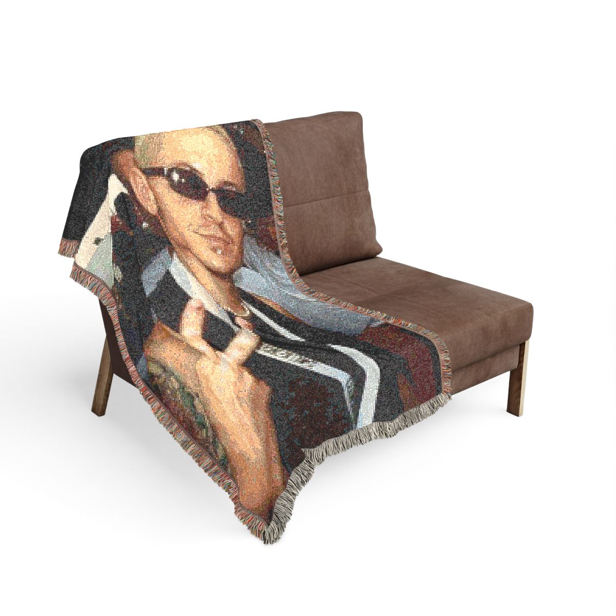 Linkin Park Chester peace sign woven blanket on a sofa