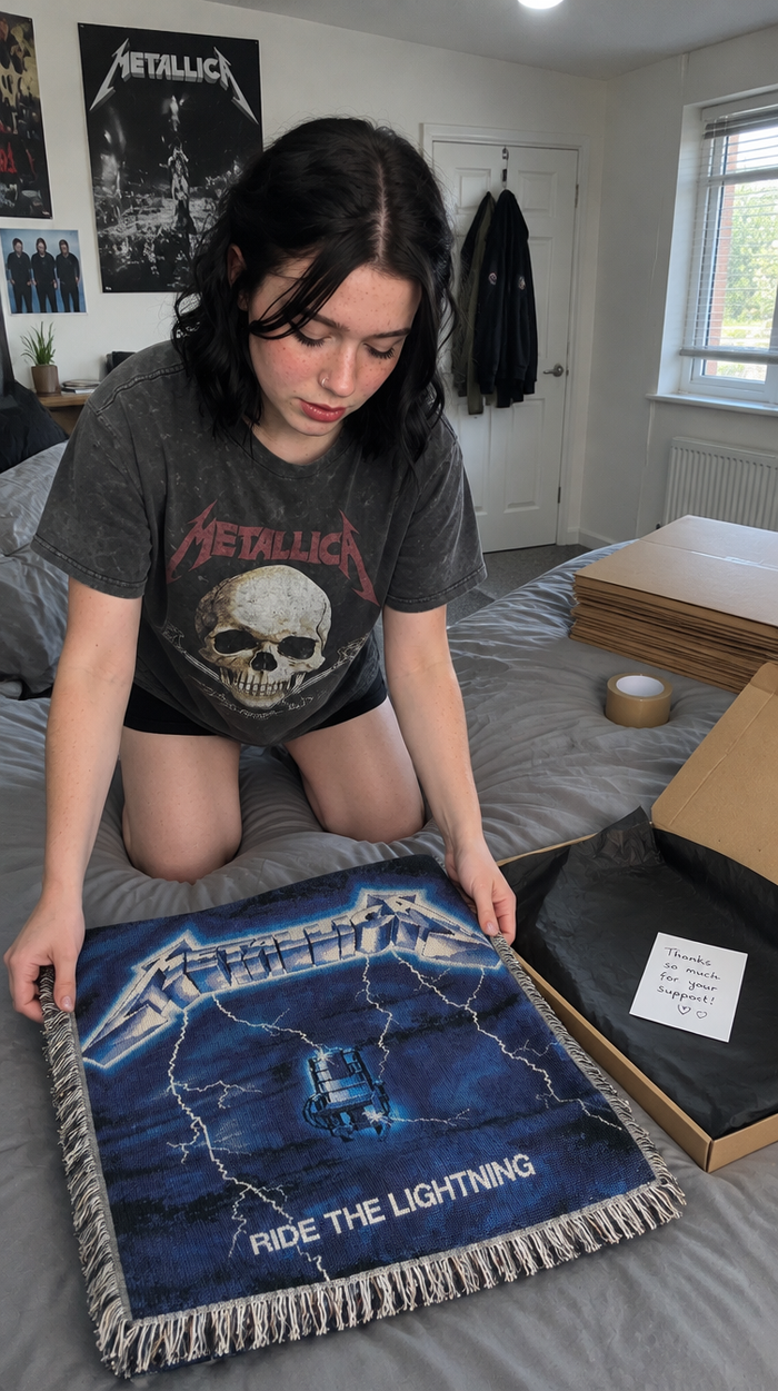 Luna folding a Ride the Lightning blanket to pack it