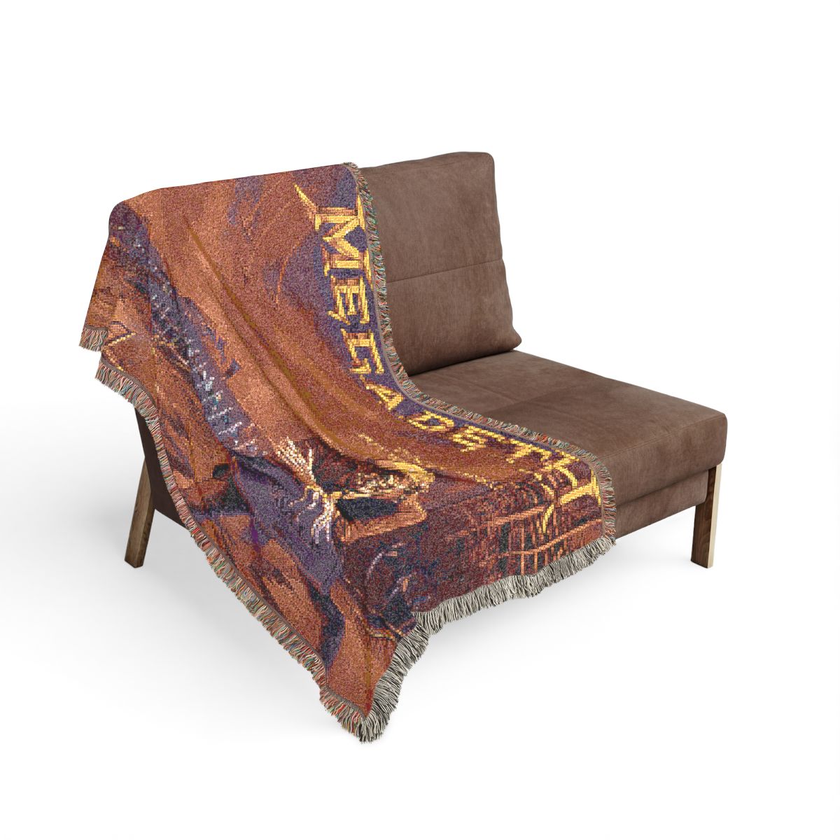Peace Sells woven blanket on the sofa