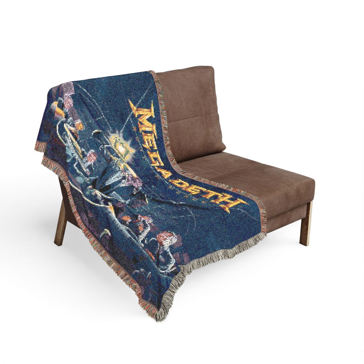 Rust in Peace woven blanket on the sofa