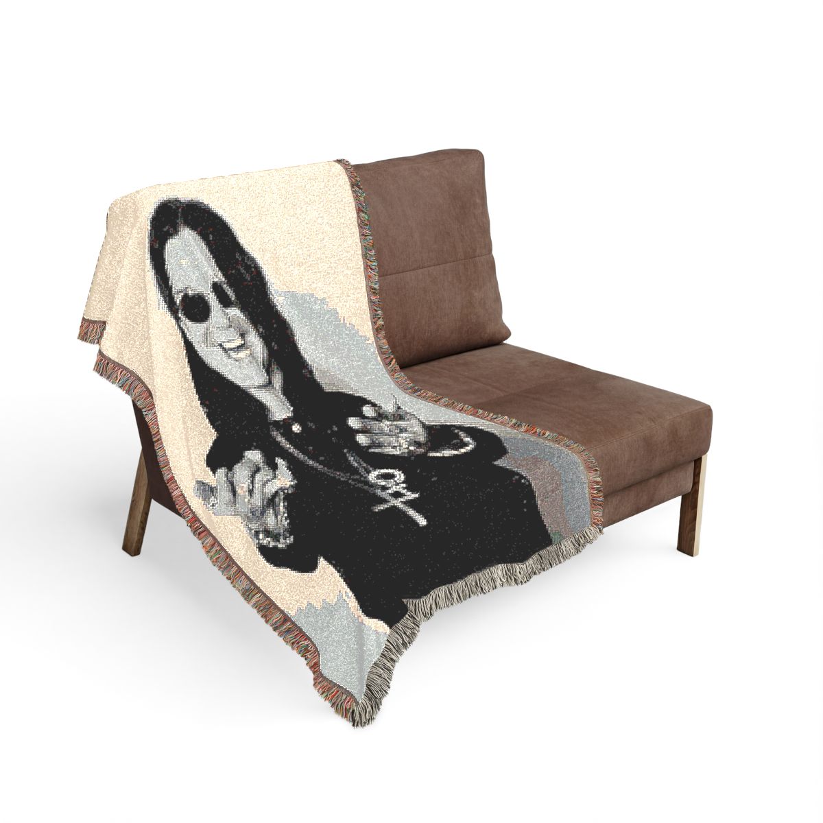 Ozzy Osbourne open arms woven blanket on a sofa