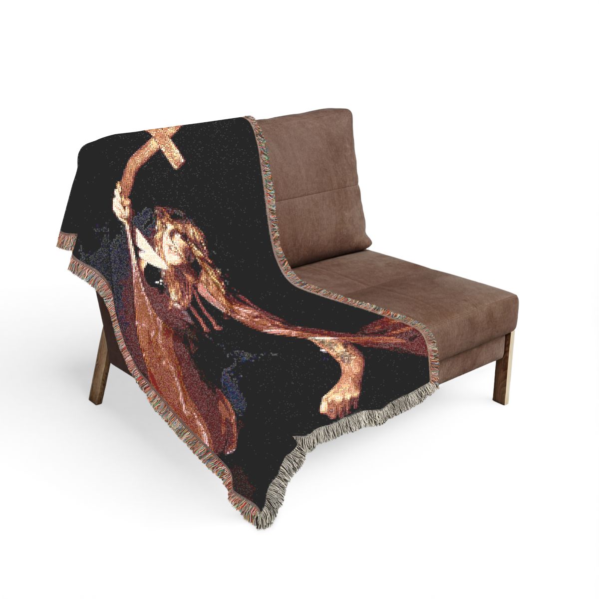 Ozzy Osbourne red cape woven blanket on a sofa