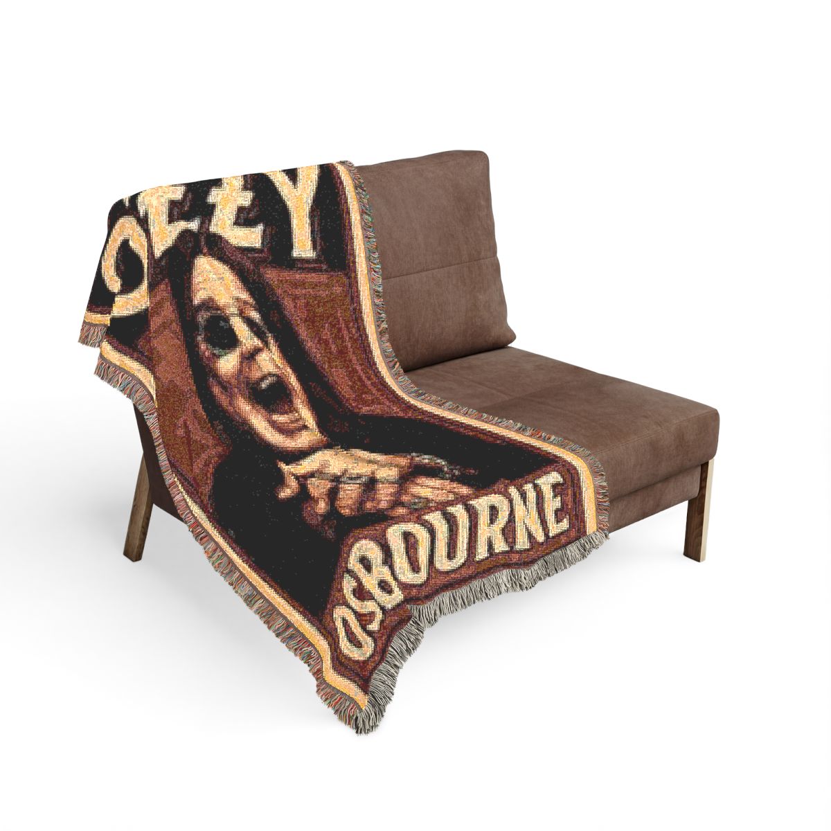 Ozzy Osbourne woven blanket on the sofa