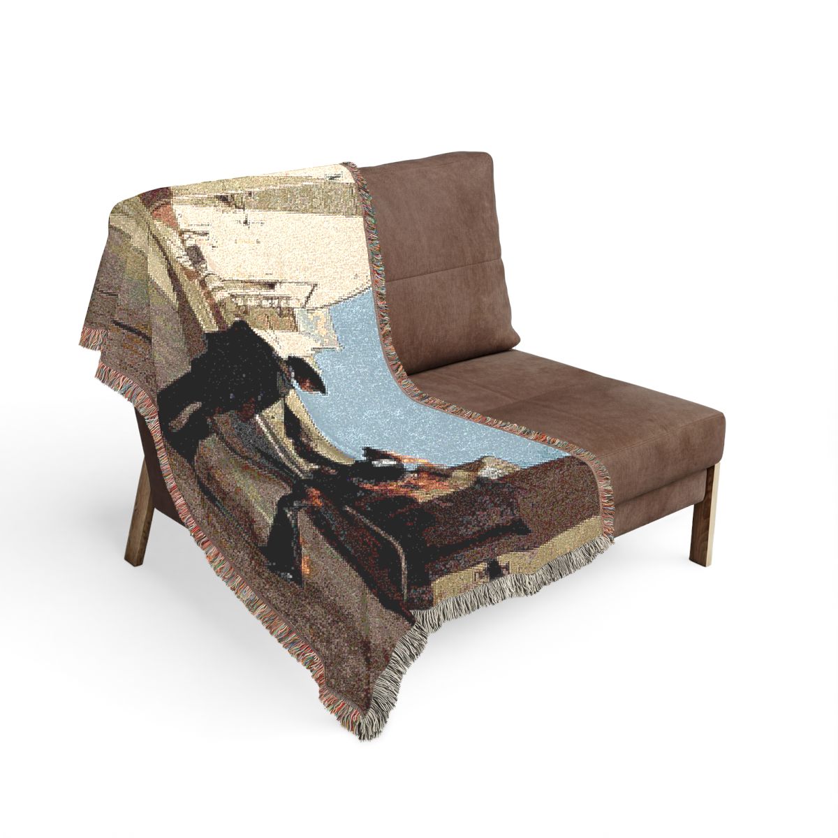 Wish You Were Here woven blanket on the sofa