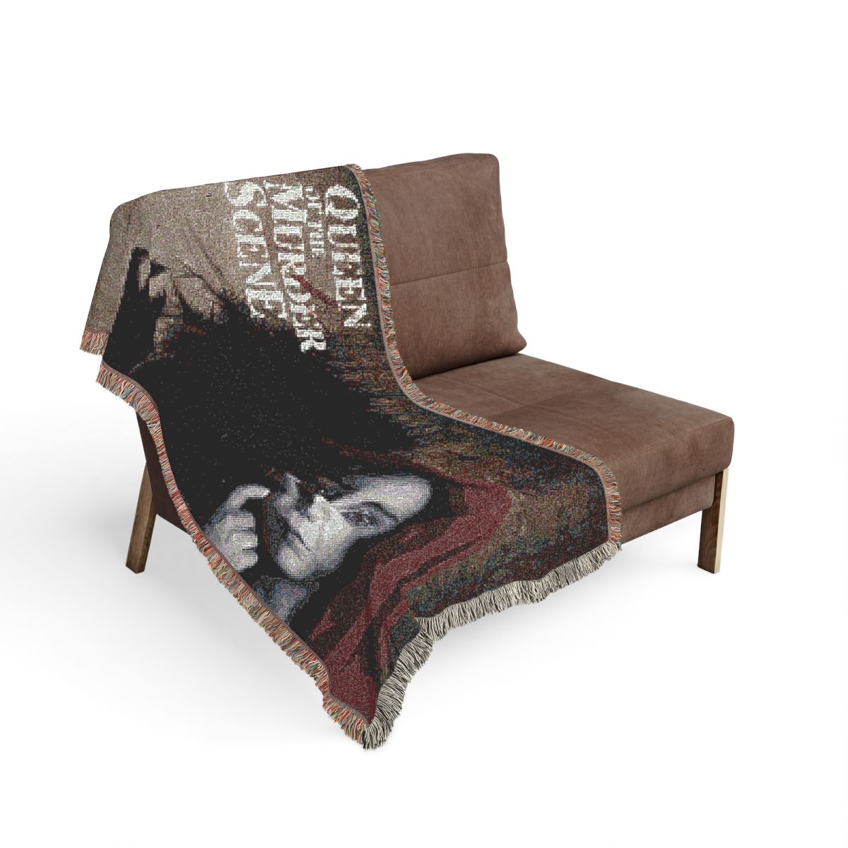 Queen of the Murder Scene woven blanket on the sofa